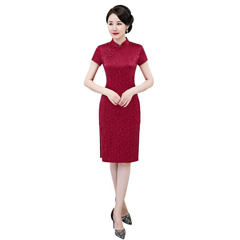 新款喜婆婆婚宴真丝桑蚕丝改良送考旗袍短袖中式修身气质礼服夏季