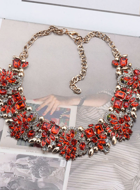 彩衣阁时尚美丽闪亮短款宴会项链大气锁骨礼服项链红绿彩色圆环形