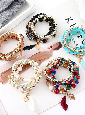 甜美风百搭蓝色羽毛多层手串