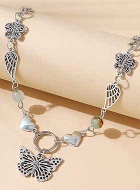 彩衣阁时尚美丽蝴蝶短款珍珠+金属项链甜美女生饰品个性日韩流行