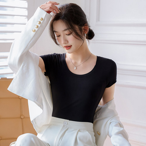 莫代尔短袖t恤女士修身显瘦2025夏季新款白色打底衫冰丝体恤上衣 - 图1