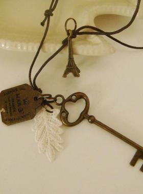 钥匙小鸟花朵日系古铜色毛衣链