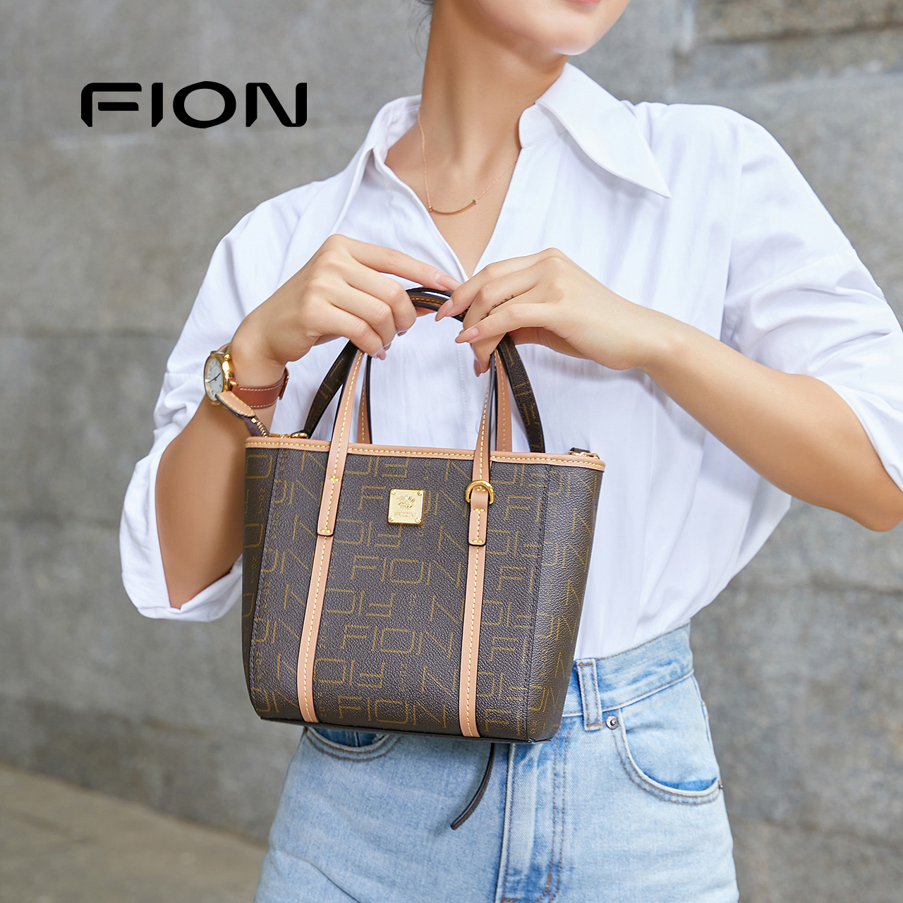 Fion/菲安妮菜篮子托特包 女包老花新款上班小拎包通勤时尚斜挎包 - 图0