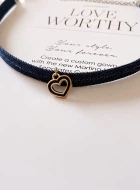 Yolo星球牛仔布项链甜美少女爱心镂空吊坠锁骨链choker复古宽颈链