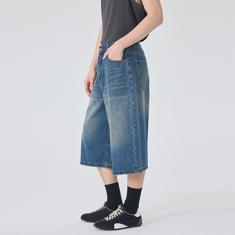 美式复古水洗做旧牛仔裤男士夏季新款宽松直筒阔腿裤休闲七分裤潮,淘宝优惠券,粉丝福利购,淘宝优惠卷