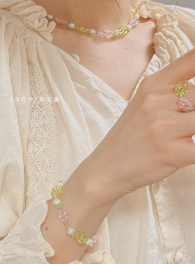 晶莹剔透水晶蜜桃粉少女感项链