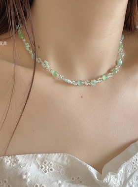 薄荷绿少女手工串珠花朵项链
