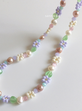 温柔少女紫粉奶白串珠项链