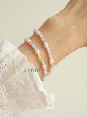 sanni天然淡水珍珠珠14k包金叠戴