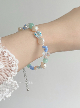 清爽夏日花朵薄荷蓝绿少女手链