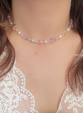 橘粉元气少女感水晶蝴蝶项链