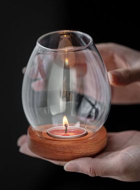 实木酥油灯底座家用简约复古香薰防风玻璃烛台供奉长明灯座灯盏