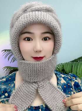 针织帽围巾一体女秋冬季护颈保暖