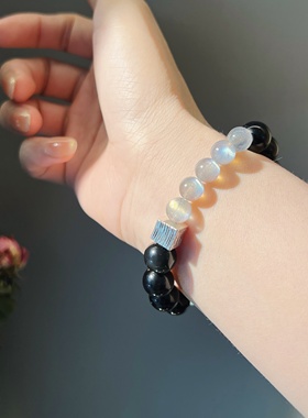 天然灰月光石黑曜石手链手串