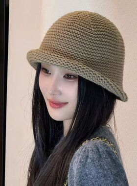 简约百搭卷边针织渔夫帽子女秋冬新款时尚显脸小盆帽大头围毛线帽