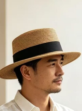 老钱风平顶草帽遮阳帽子男款女太阳帽防晒帽法式复古巴拿马礼帽