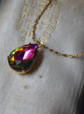 西洋古董炫彩宝石罕见稀有简约古着多彩镀金锁骨链复古短项链