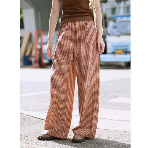 花吉L109焦糖红松紧腰纯棉复古格子直筒休闲长裤女2026新款夏宽松 - 图0