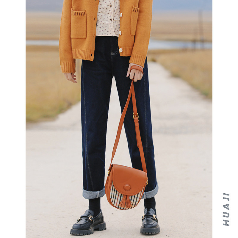 花吉K041深蓝色高腰复古弹性九分斜拼缝线牛仔裤女2025年新款秋冬 - 图1