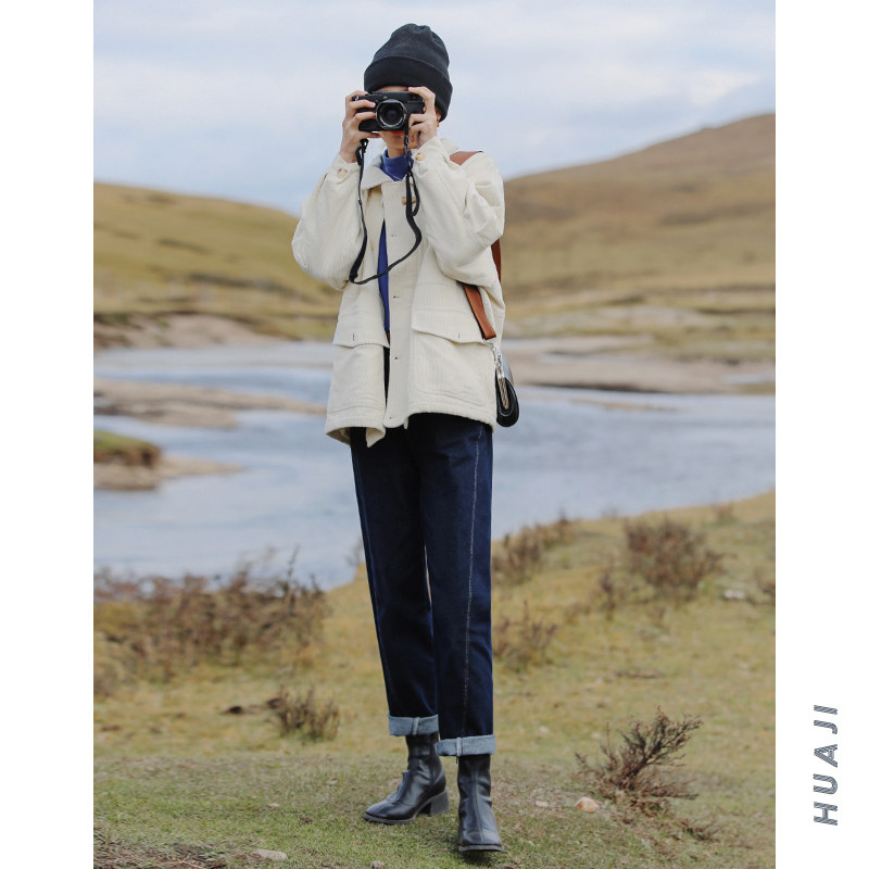 花吉K041深蓝色高腰复古弹性九分斜拼缝线牛仔裤女2025年新款秋冬 - 图0