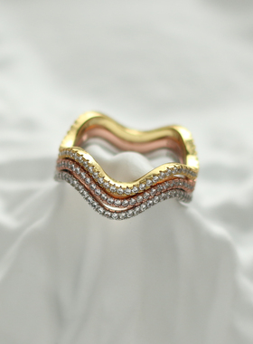 Siaon 原创设计碎钻波浪形玫瑰金K金S925纯银三色锆石戒指高级感