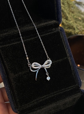 Siaon 双层小蝴蝶结镶锆石带钻银项链韩国ins小众轻奢S925锁骨链