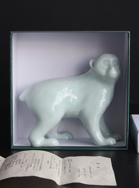 日本清水烧作家手工青瓷猴摆件