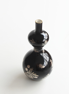 日本清水烧作家手工黑釉银彩吉祥纹葫芦瓷花瓶插花器家居装饰摆件