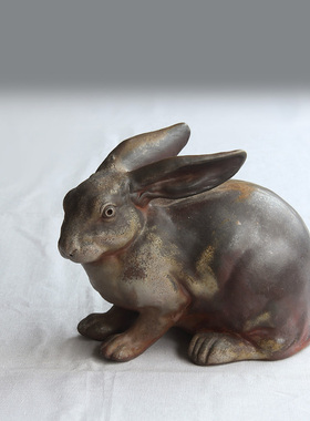 日本备前烧柴窑粗陶生肖属兔摆件