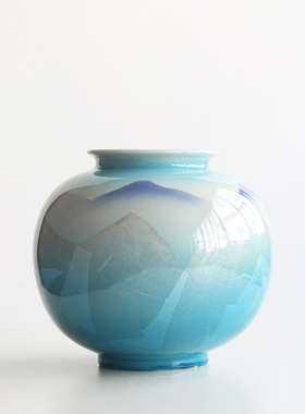 日本九谷烧职人手作银箔彩连山纹圆罐花瓶日式插花器家居装饰摆件