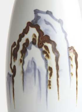 日本清水烧名家手工淡紫彩山峦纹瓷筒花瓶日式插花器家居装饰摆件