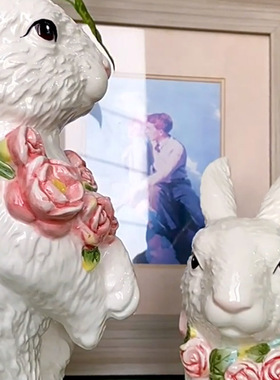 陶瓷玫瑰情侣白兔新婚乔迁礼物