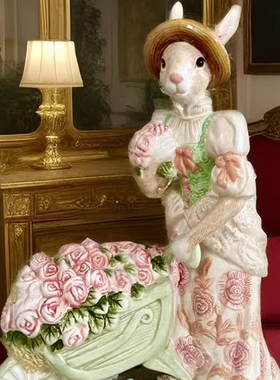 春天花兔子装饰摆件陶瓷美式田园