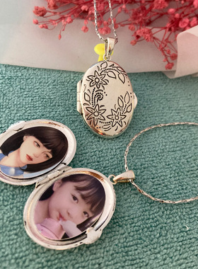纯银女定制照片项链钥匙扣套装
