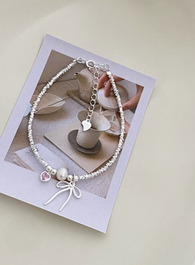 S925纯银甜美少女心粉色爱心蝴蝶结珍珠碎银子手链手环女简约百搭