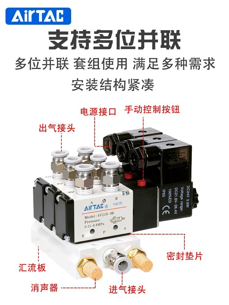 AirTac电磁阀4V210-08/4V110-06/4V310-10/4V410-15/AC220V/DC24V - 图2