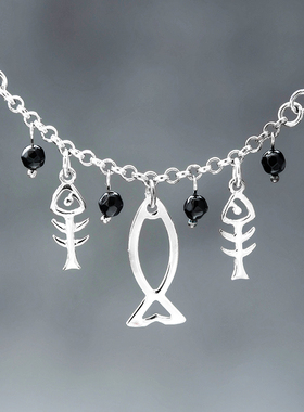 小鱼多多韩手链925纯银女黑玛瑙