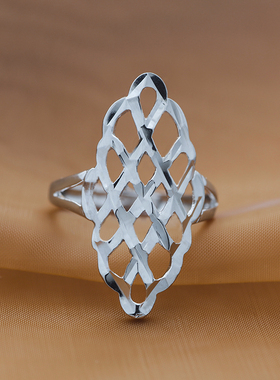 镂空女925纯银潮人食指戒指格子