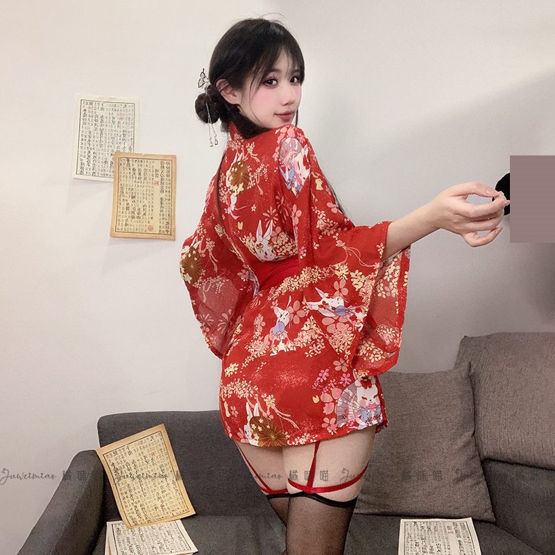 橘味喵: 红色日式浴袍甜美卡通少女和服睡衣纯欲睡裙温泉浴衣睡袍 - 图3