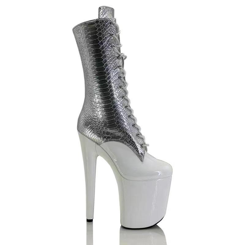 新款20厘米性感蛇纹小中靴时尚模特时装拼色T台走秀钢管舞高跟靴 - 图0