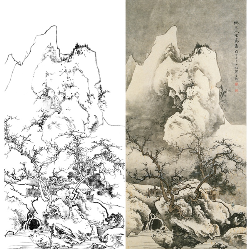 四尺六尺冬季雪景山水画白描底稿工笔画国画临摹勾线练习打印画稿-图0