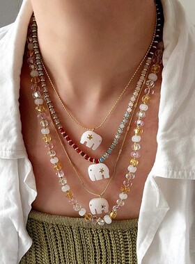 波西米亚风天然石小象叠戴锁骨链