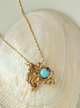 欧美风复古蓝松金鱼吊坠长项链女ins中古风高级感小鱼项链跨境