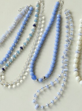 原创baby蓝夏日清爽天然石串珠项链女ins度假风白水晶贝壳锁骨链