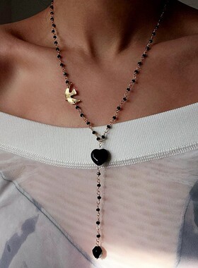 法式复古飞鸟爱心黑玛瑙Y字链女中古款设计感时尚和平鸽珍珠项链