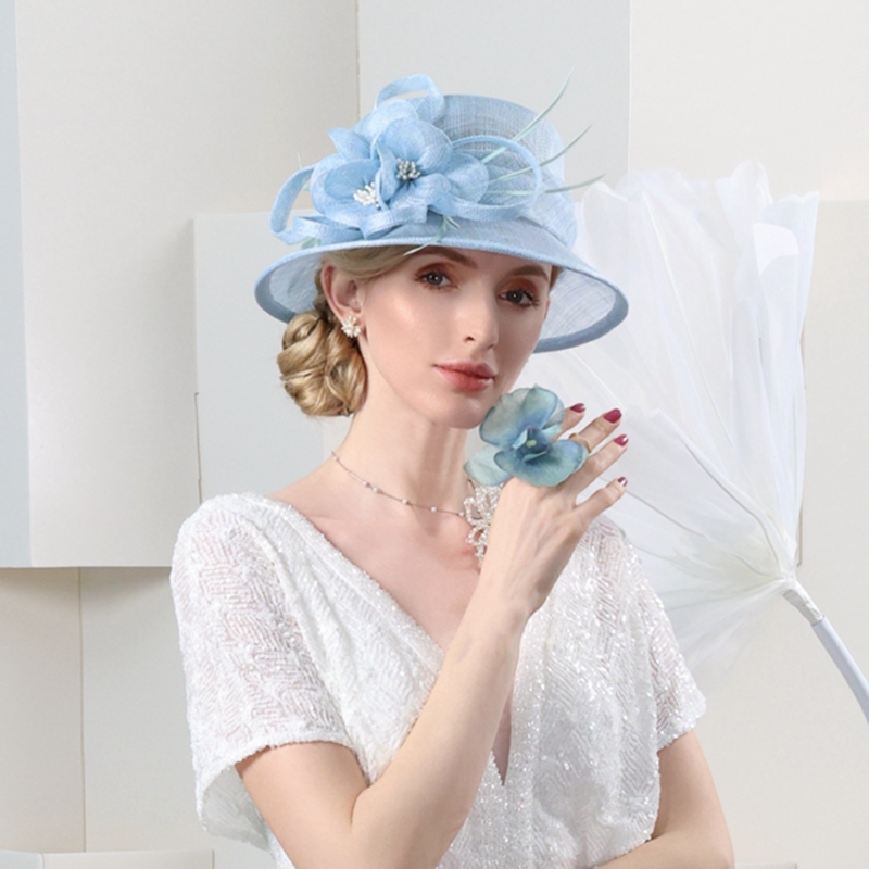 EE原创英式贵族麻纱帽花朵撞色亚麻礼帽时尚优雅贵族女款宴会帽子