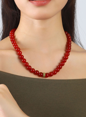 中国红天然红玛瑙串珠项链女款秋冬季毛衣链百搭锁骨链高级感颈链