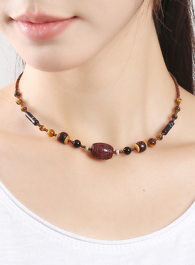 逸水红颜檀木虎眼石女项链锁骨链