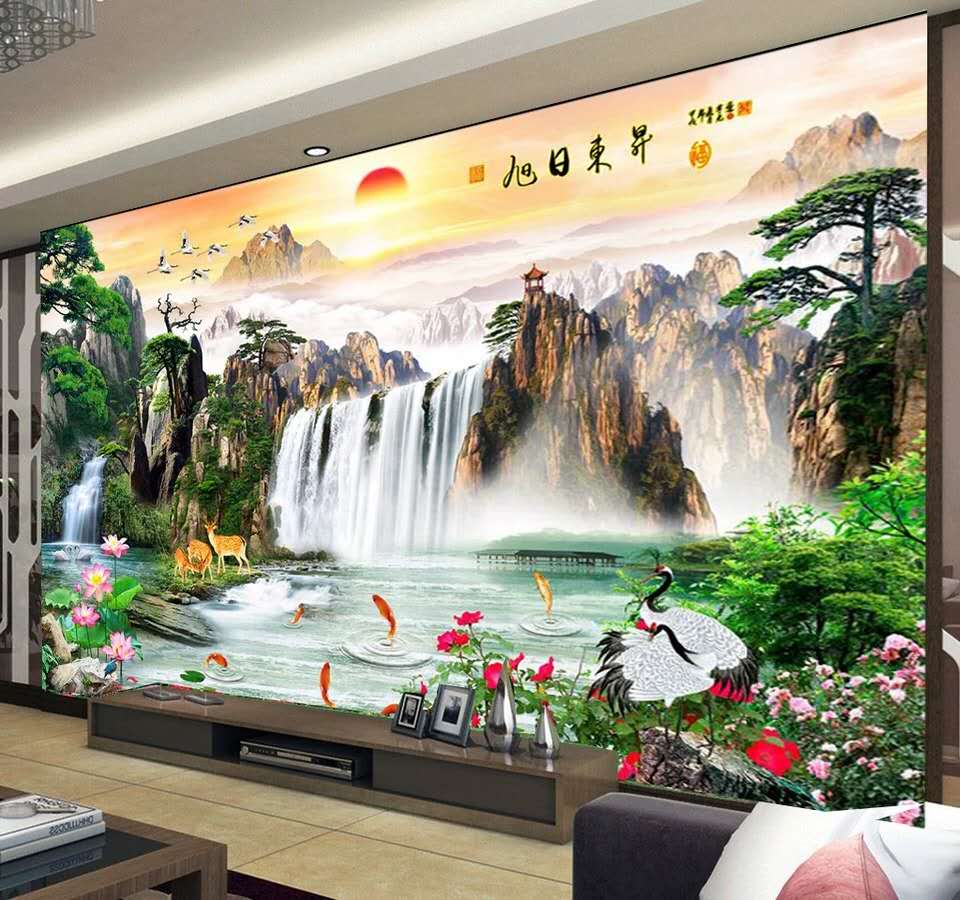 3d无纺布流水生财大型壁画5D客厅沙发电视背景墙壁山水风景墙布8D,淘宝优惠券,粉丝福利购,淘宝优惠卷