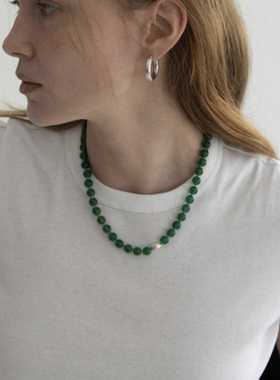 新中式天然绿色玉髓玛瑙石淡水珍珠项链女轻奢小众高级感锁骨颈链